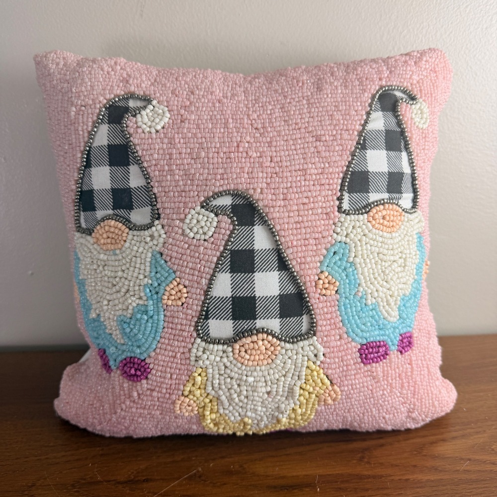Pink Beaded Gnome Throw Pillow Buffalo Plaid Seed Bead Cottagecore Decor